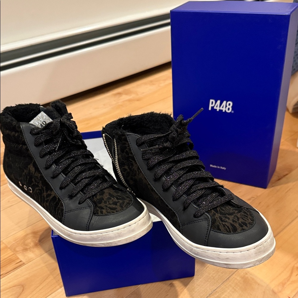 P448 Women's Black and Leopard Print Sneakers - fake fur on inside. 38 or 8